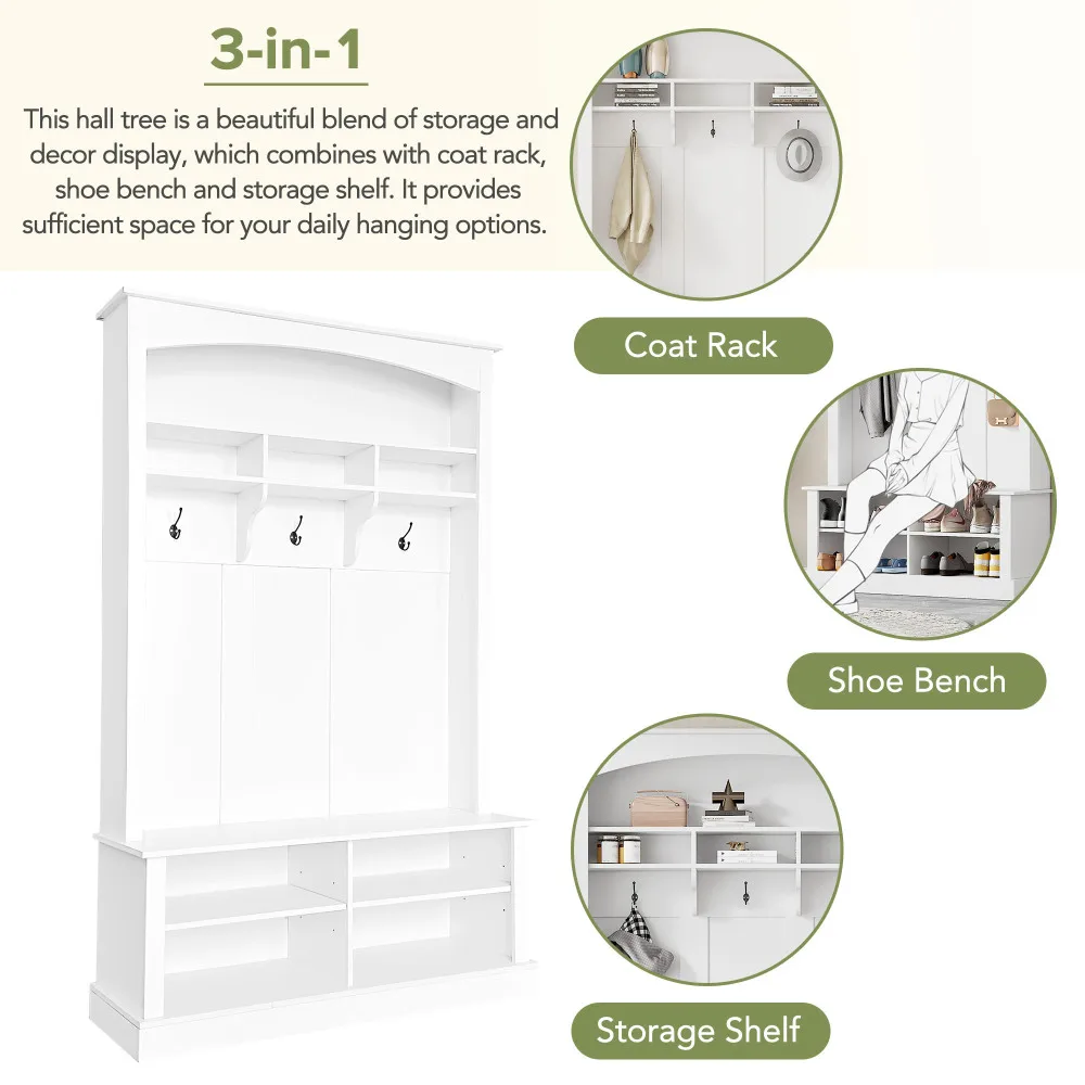 ON-TREND 47.2'' Wide Hall Tree with Bench and Shoe Storage Multi-functional Storage Bench 3 Hanging Hooks Open Storage Space