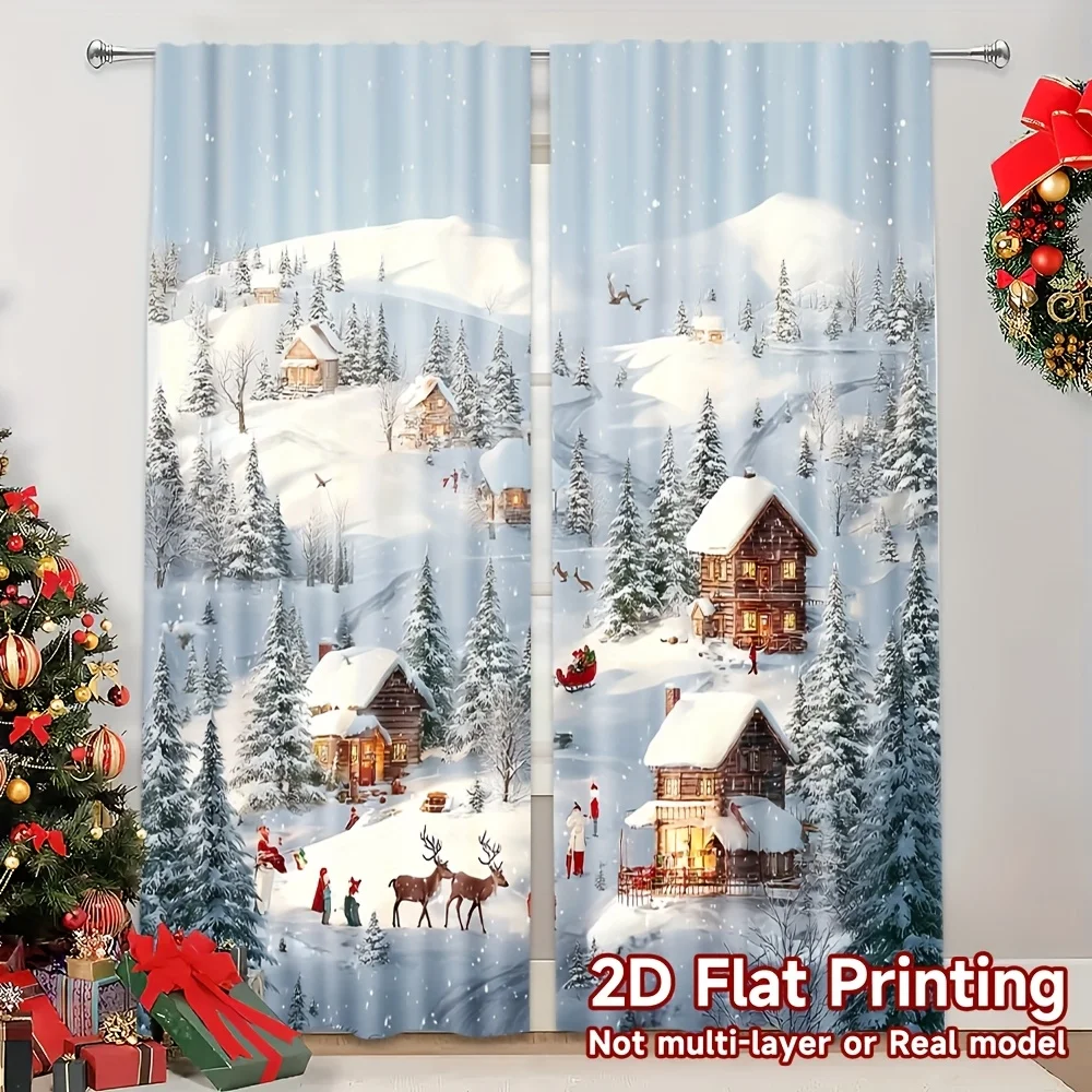 2PCS Christmas Winter Curtains, Snow Village Cabin, Digital Print, Bedroom Living Room, Rod Pocket Polyester, Home Decor