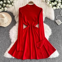 Vintage Long Sleeve Elegant Half High Collar Slim Knit A-line Dresses Women Korean Evening High Street Autumn Winter Clothing