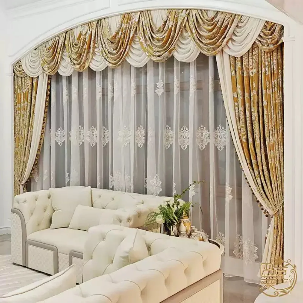 American Gold Gilding Jacquard Velvet Splicing Curtains for Living Room Bedroom French Window Villa Customized Products Valance