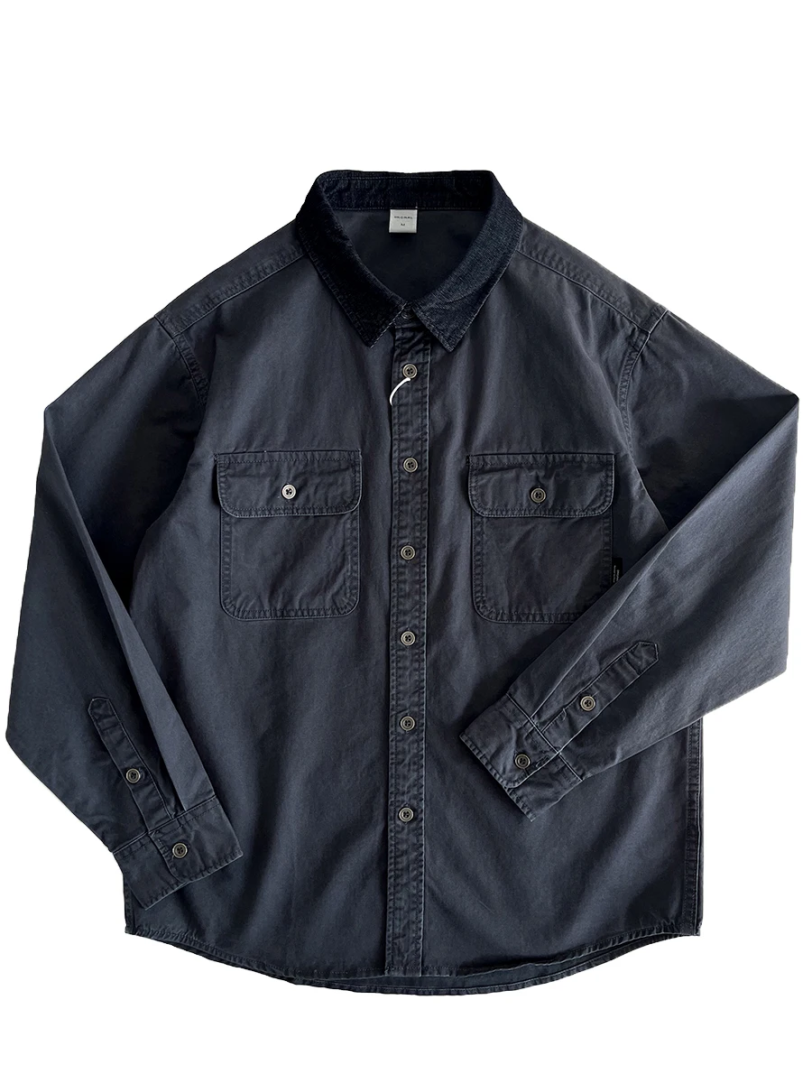 

Retro Contrast Color Collar Long Sve Cotton irt Men's Loose Fit Workwear Double ket Trendy Brand Outerwear Jaet