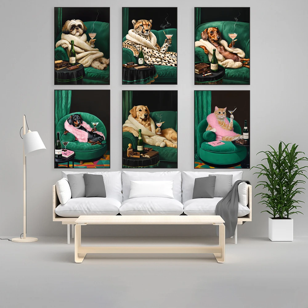 Shih Tzu, golden retriever, cat, cheetah, dachshund and martini art, cat print, cocktail art, funny dog ​​portrait poster