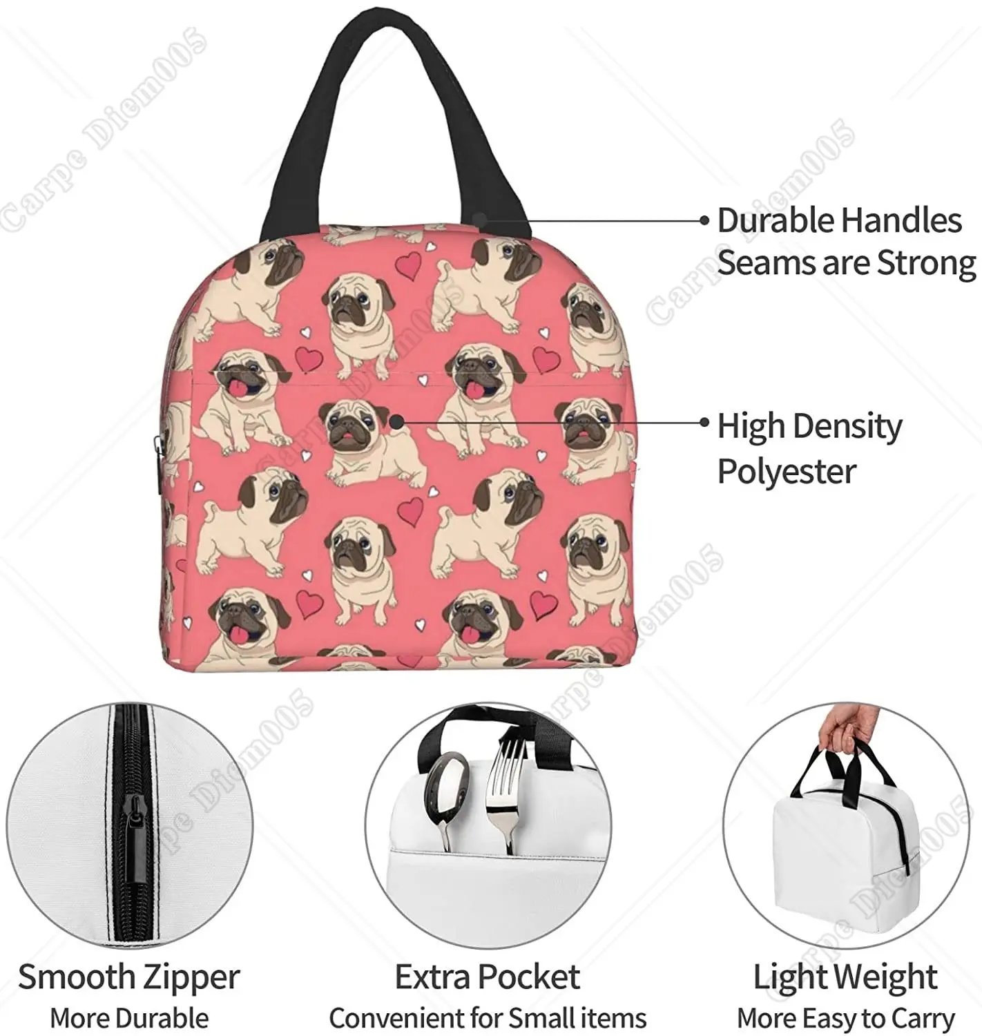 Cute Puppy Pug Dog Lunch Bag Box for Girls Women school Insulated Lunch Bag Reusable Portable Waterproof Cooler Travel Picnic
