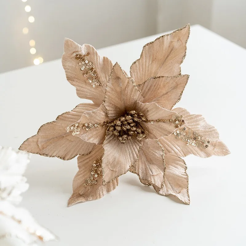 High Quality Artificial Christmas Flower 26cm Velvet Cloth With Glitter Powder Fake Large Flower Head Xmas New Year Home Decors