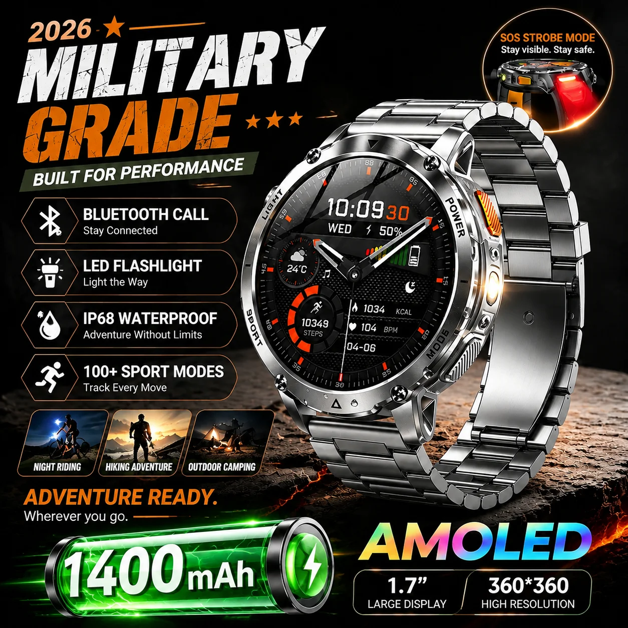 

Rugged Smart Watch 1400mAh Big Battery LED Flashlight SOS Strobe BT Call IP68 Waterproof Fitness Clock Smart Watches Men Gifts