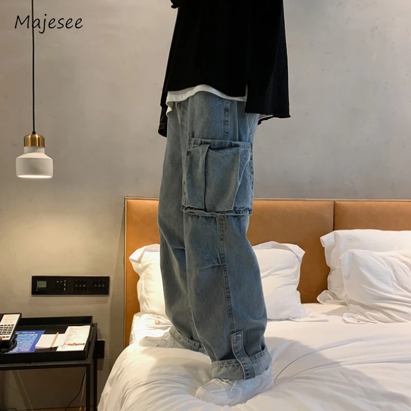 

Cargo Jeans Men Classic Simple Streetwear Spring Autumn Large Pocket Solid Color American Style Male Vertical Mopping Trousers