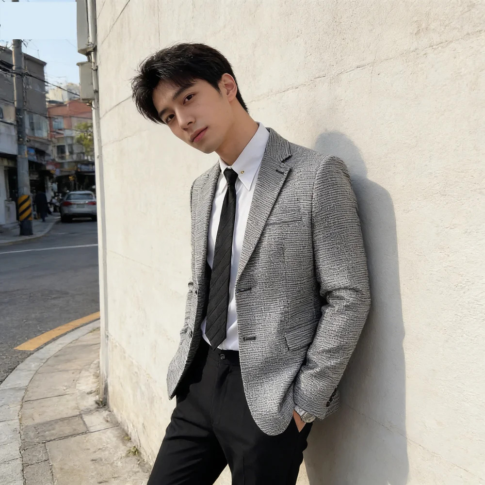 

Seda brilhante mil pássaro grade terno jaqueta estilo coreano moda de negócios fino ajuste único breasted masculino festa social