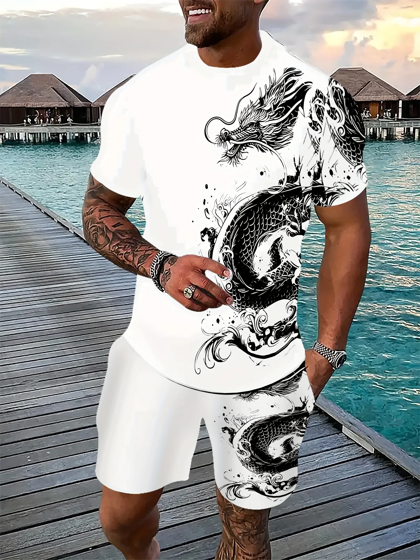 New 3D Dragon Print Summer Men's Short-Sleeve Set Stylish Streetwear Short-Sleeve Top & Shorts Black & White Casual Set 6XL