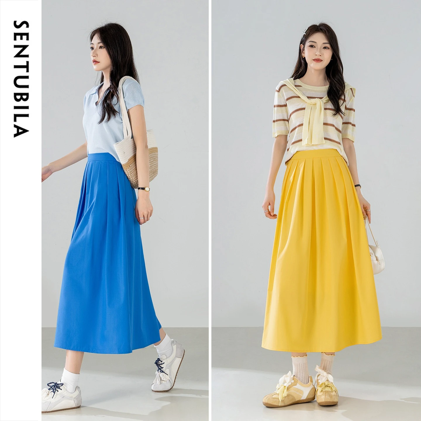 SENTUBILA Women Summer Midi Pleated Skirt 2026 Ladies Dopamine Color Holiday Vacation Fashion Casual A Line Skirt Q62QB7877