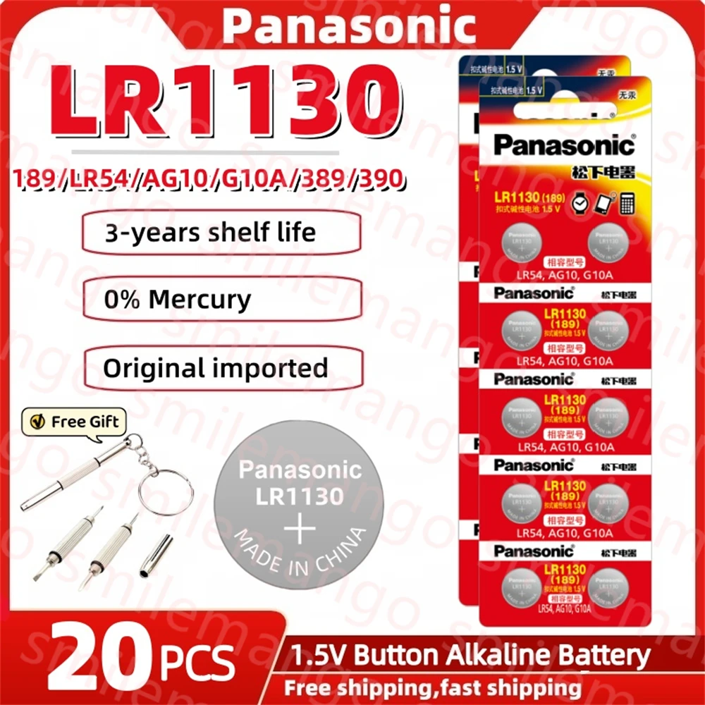 Щелочные кнопочные батарейки Panasonic AG10 LR54, 20 шт., 1,55 в, SR54 389 189 LR1130 SR1130