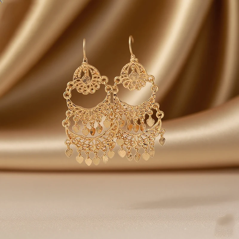 Arabesque Gold Plated Dangle Earrings with Heart Shape Tassels for Women Luxury Wedding Bridal Drop Earring Set