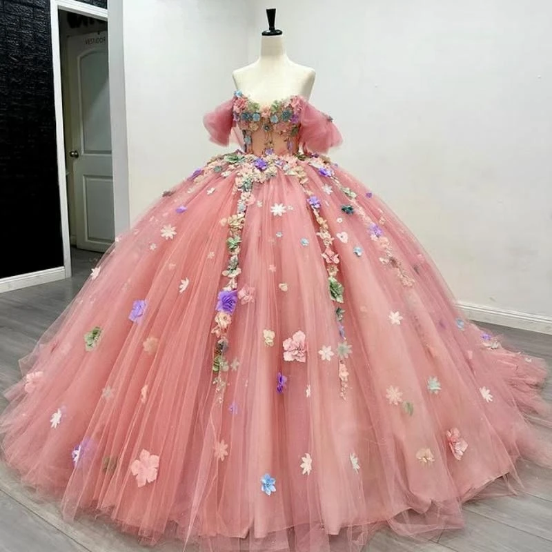 Customized Pink Quinceanera Dresses Beading Flower Tull Birthday Party Dress Vestidos 15 De Anos Sweet 16 Dress