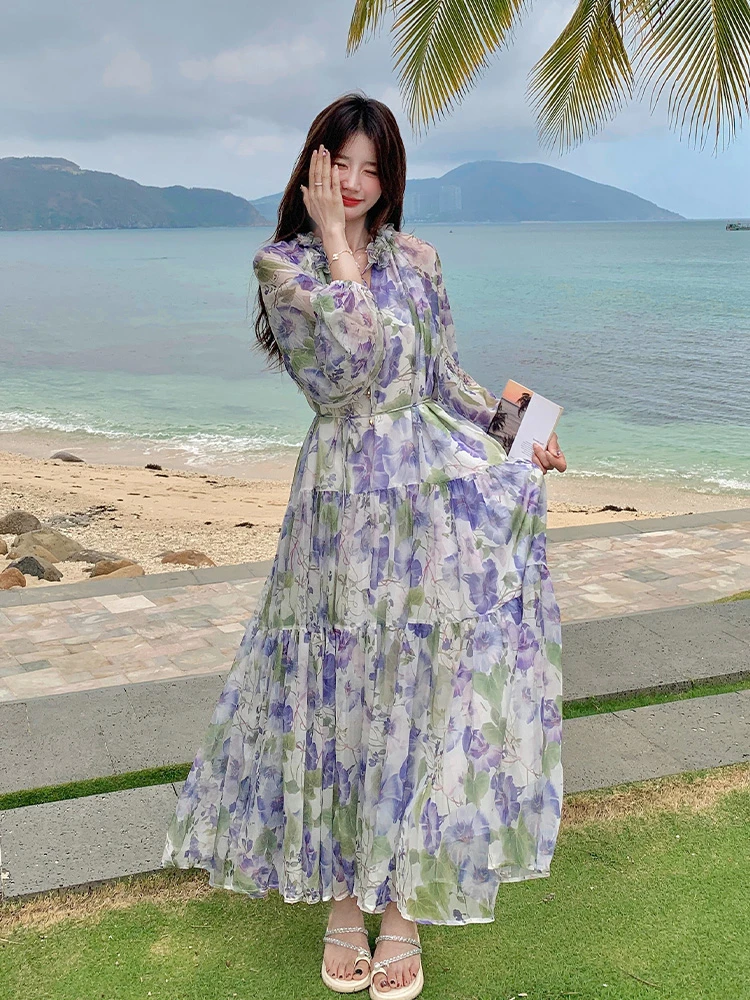 2025 nova chegada verão feminino estilo praia a linha impressão saia tornozelo comprimento all-match com decote em v em camadas retalhos design saias t144