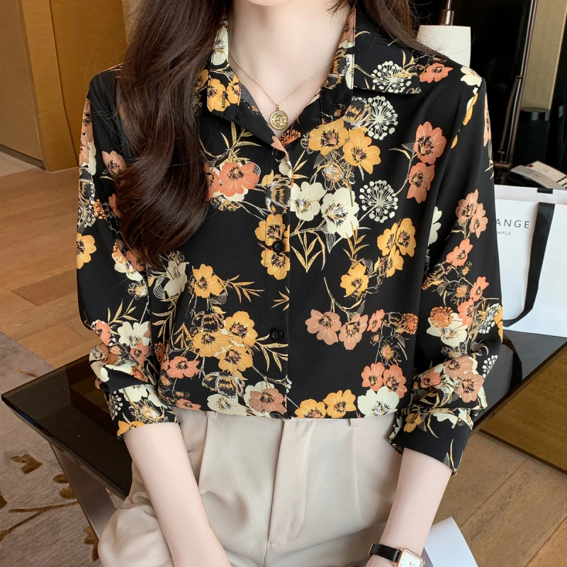 Women Spring Korean Fashion Loose Printing Appear Thin Polo-Neck Long Sleeve Shirts Women Clothes Casual All-match Elegant Tops