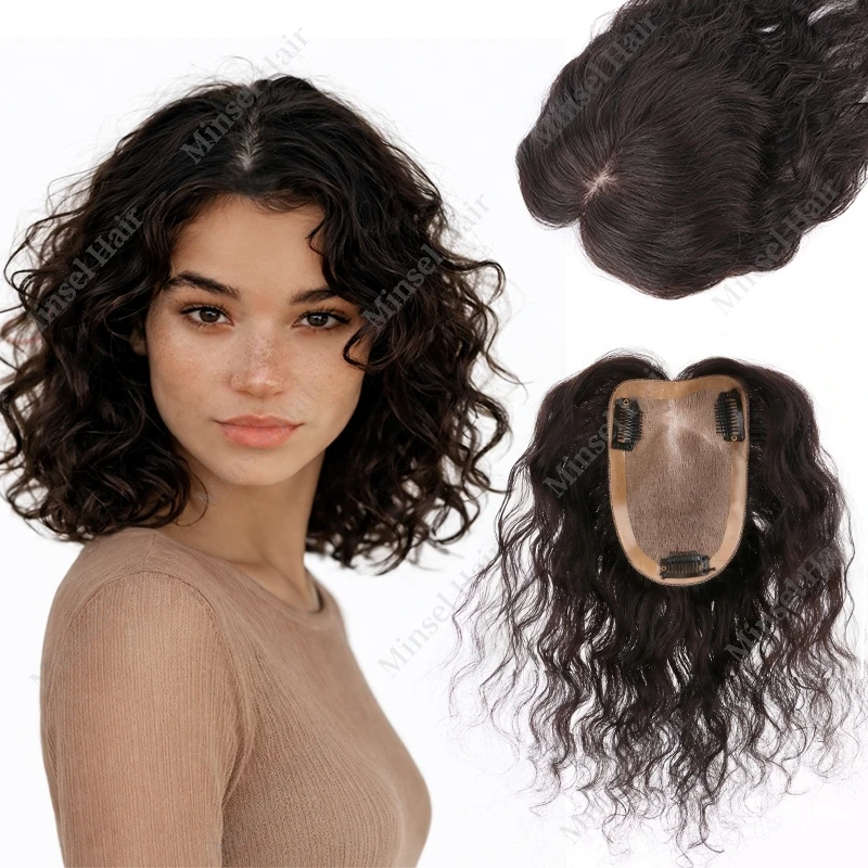 

9x14cm Curly Human Hair Topper Silk Base Knotted Base Medium Curly Remy Clip Ins Weightless Hairpart Topper 25cm #1B