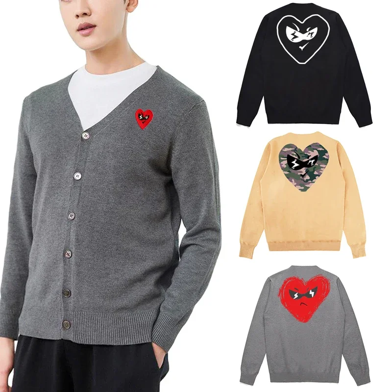 Break Egg Men Cardigan Cotton Red Cute Glasses Heart Embroidery Colorful Heart Print V-Neck Single Breasted Autumn Fit Sweater