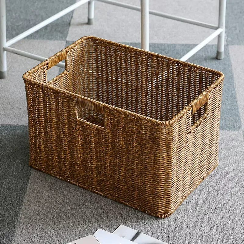 European Style Imitation Rattan Woven Rectangular Basket Cute Square Plastic Storage Box for Home Cabinet Tea Table Snacks