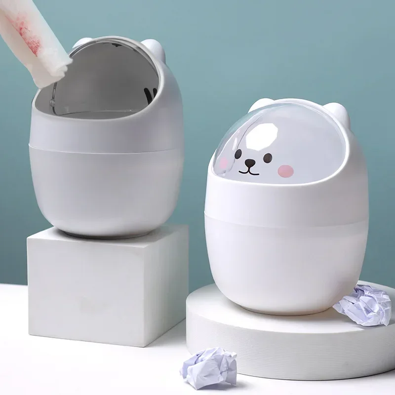 Ins Trash Can Organizer Ins Desktop with Lid Kawaii Cute Bear Trash Bin Storage Box Girl Pen Holder Storage Bucket with Flip Top