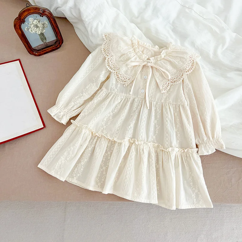 Neue Baby Mädchen Kleid Mädchen süße Mädchen Kleid Rüschen Trim Party Prinzessin Kleid Spitze Kragen ausgehen Freizeit kleider kleine Kleidung – Detail 9