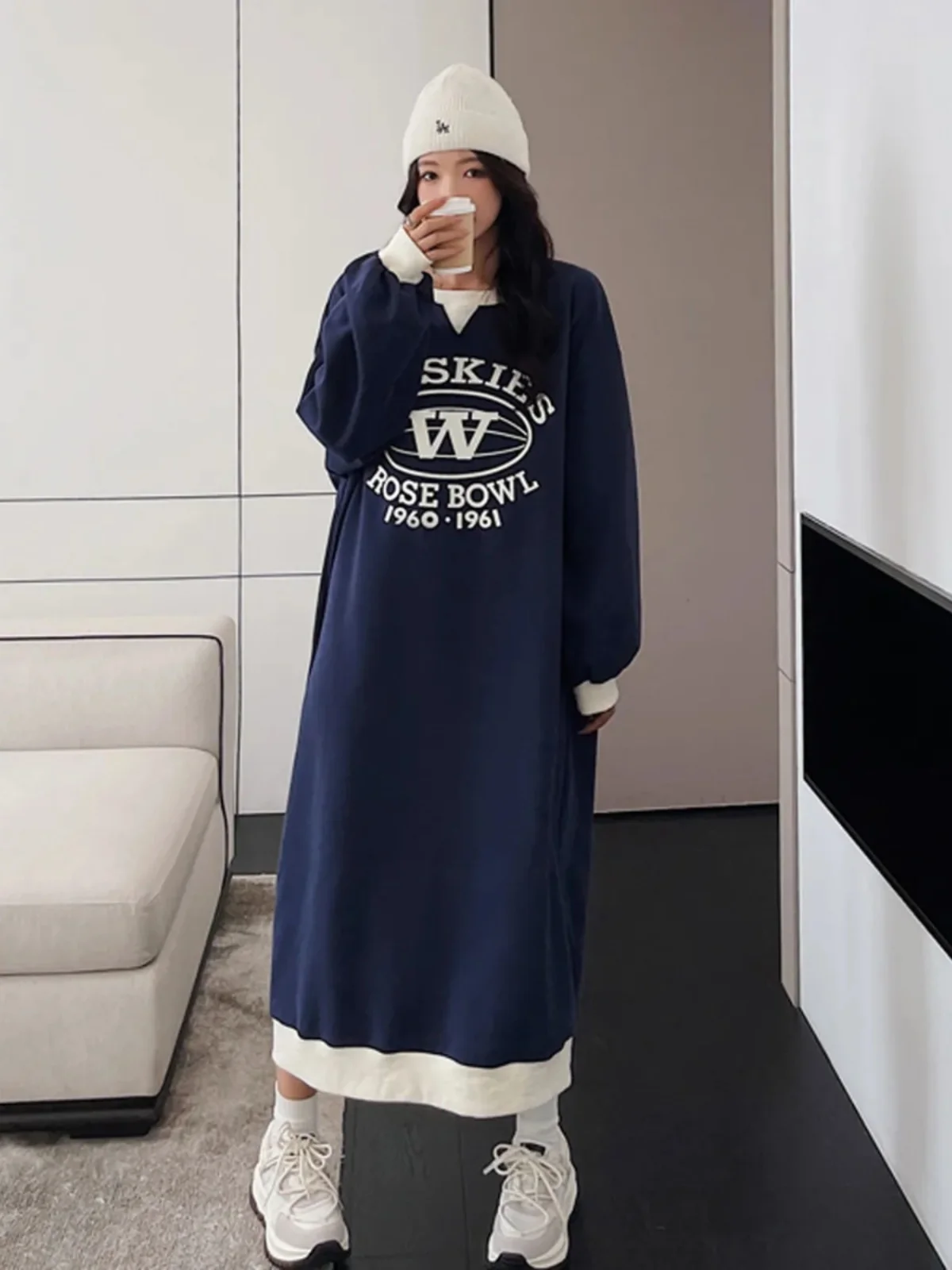 

Plus Size plus Size Korean Sle Loose Casual Sweatirt Dr Conced Belly Slimming Mid-Length A-Line Dr for aped Women