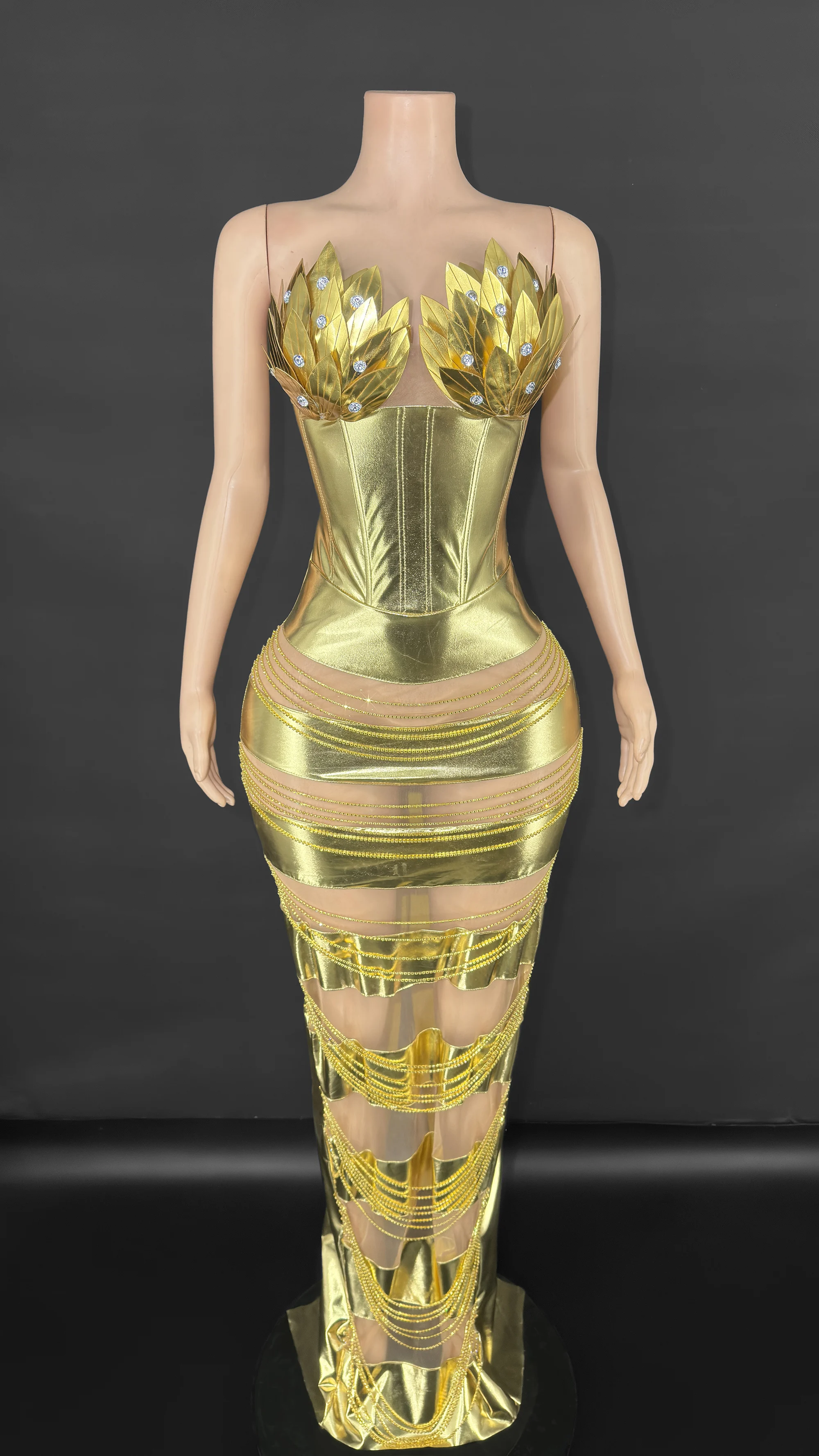 "ZD Sexy Golden Bodycon Dress – Luxury Metallic Corset Evening Gown with Sheer Mesh Details for Club & Performance"