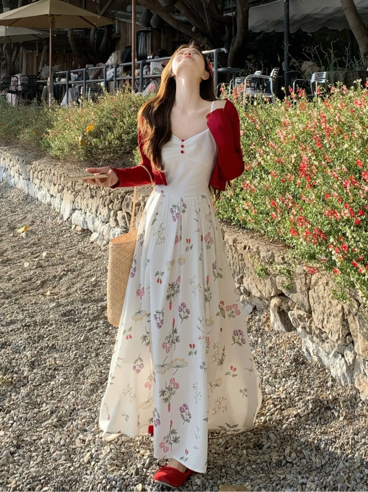 

Sweet Large Size Matching Set Summer New Design Splicing Print Halter Dress Red Open Cardigan Top High Waist Korean Style