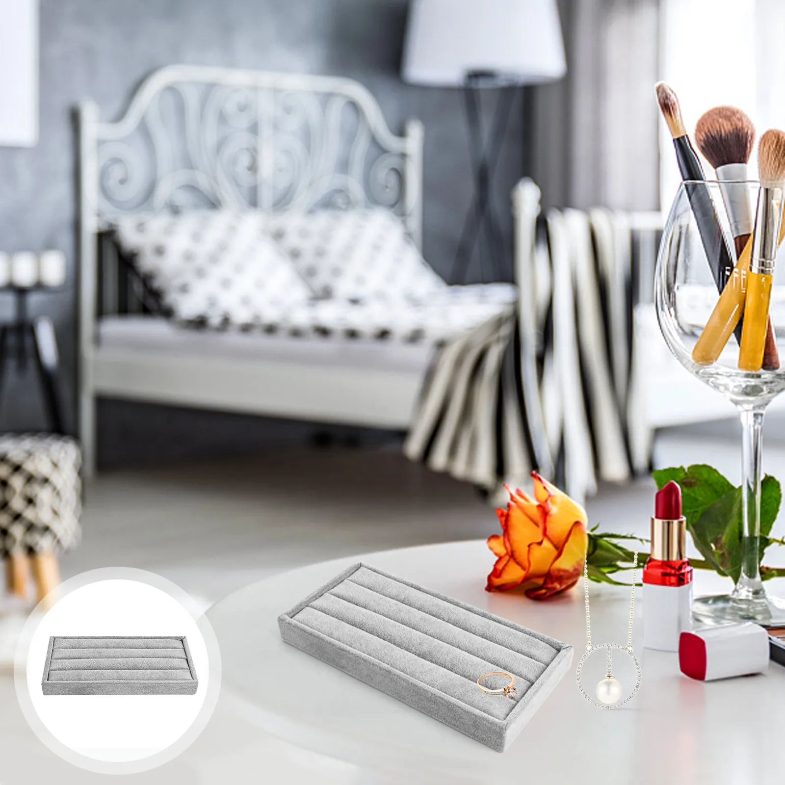 

Flannel Lined Ring Display Tray Jewelry Storage Dish Desktop Organizer for Rings Earrings Pendants Showcase Stand Holder