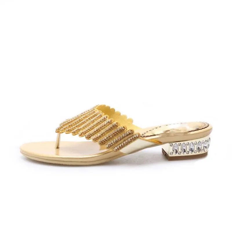 HOVINGE Sliders Shoes Women Summer Footwear Low Heel Silver Rhinestone Gold