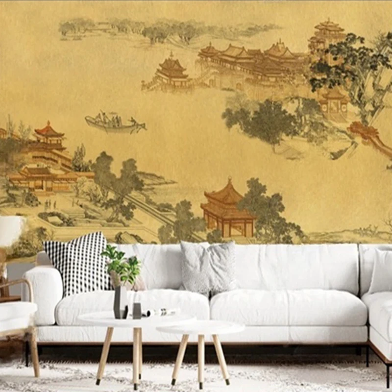 Custom Chinese Landscape Mural Wallpaper -  Mountain Building Painting for Living Room TV Sofa Background Personalized Wall Art