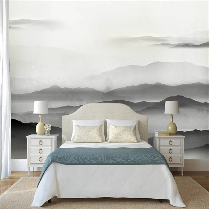 

Customized mural 3D realistic wallpaper minimalist and abstract new Chinese ink landscape background wall living room line mural