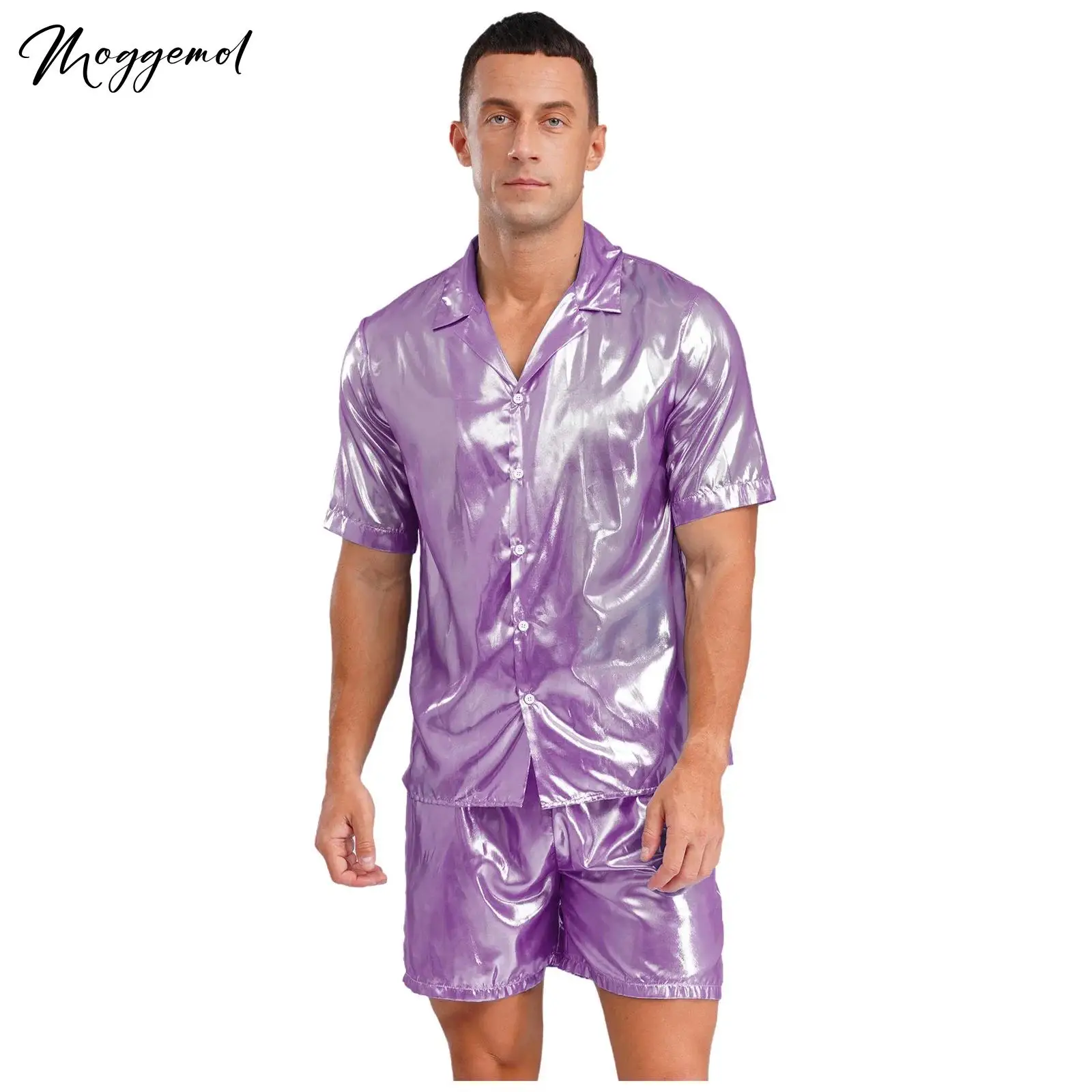 

Mens Shiny Party Suit See-through Mesh Sheer Water-ripple Shine Shirt Top And Elastic Waistband Loose Boxer Shorts for Beachwear