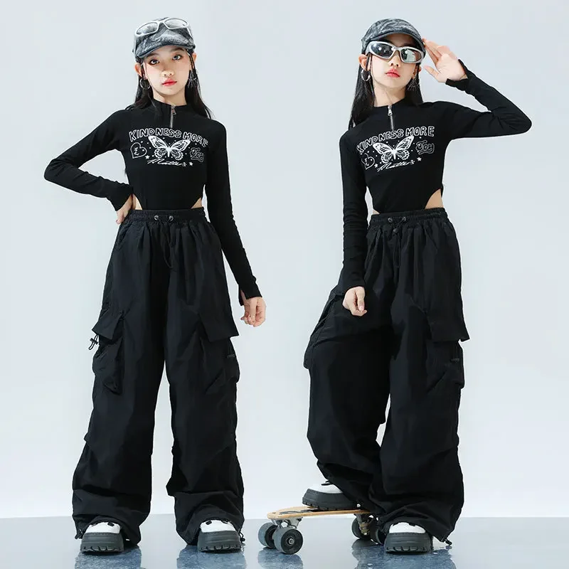 Kostum dansa Jazz Musim Semi dan Musim Gugur kostum dansa grup gadis hitam panjang satu potong celana Phat setelan kostum pemandu sorak