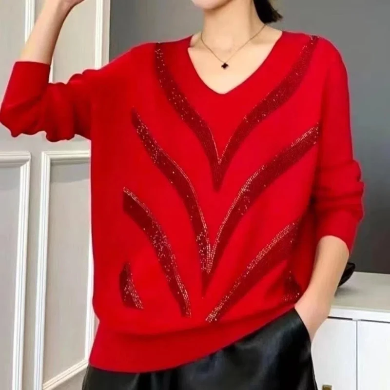 

Temperament All-match Autumn Sweaters New Women Solid V-Neck Diamonds Korean Fashion Long Sleeve Loose Pullovers Knitted Tops