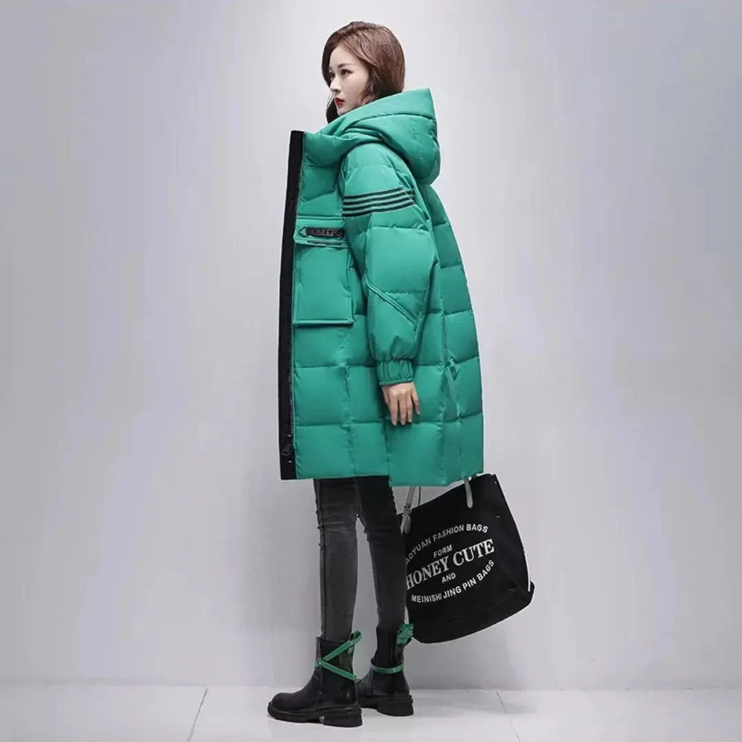 

2025 зимняя женская длинная куртка на 90% белом утином пуху с капюшоном, повседневная свободная теплая верхняя одежда, женское толстое пуховое пальто большого размера