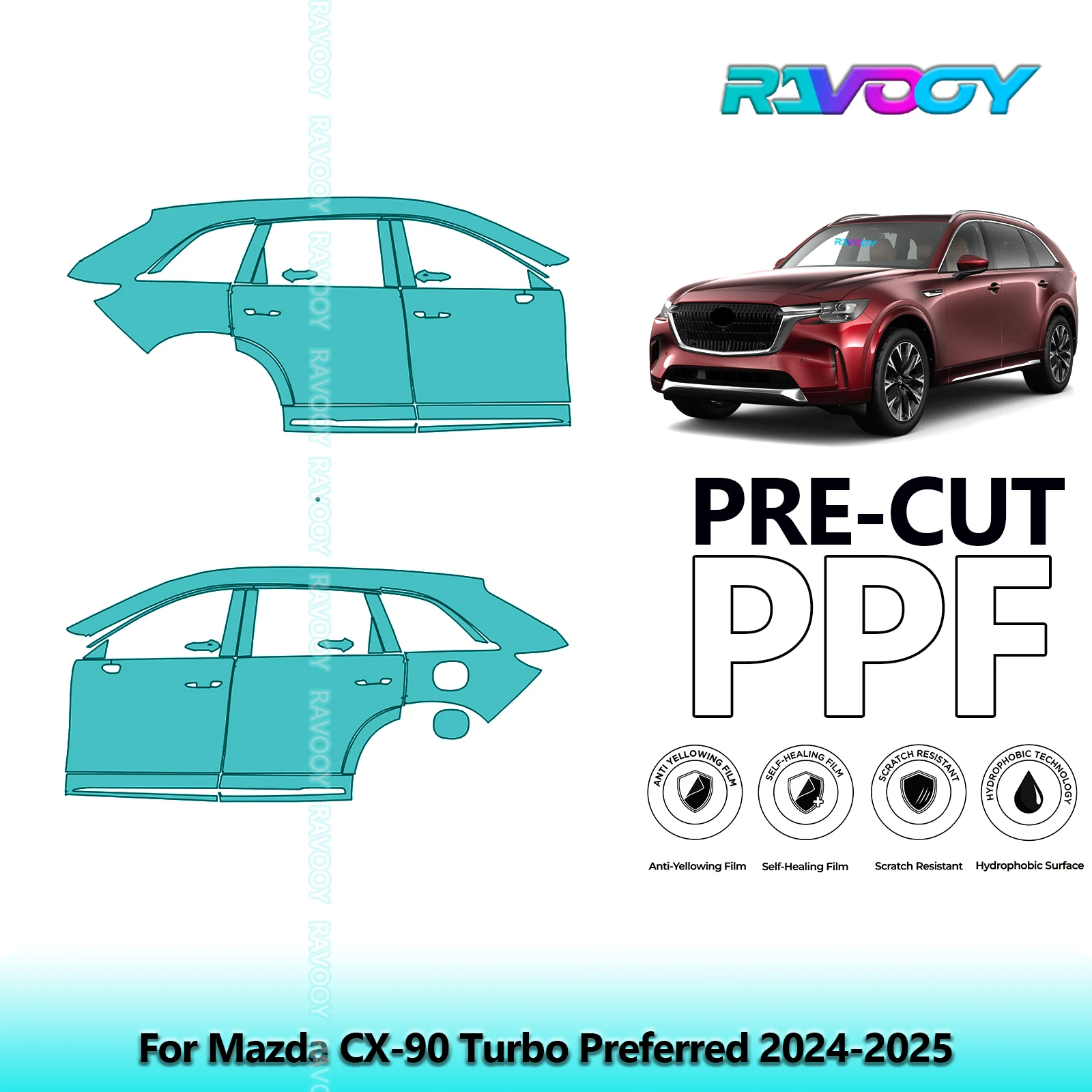 

For Mazda CX-90 Turbo Preferred 2024-2025 8.5mil Clear Matte Pre-Cut PPF Door & A/B Pillar Kit TPU Paint Protection Film Set