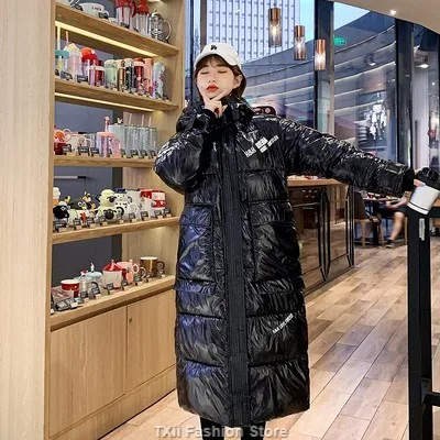 Long Parka Women Down Cotton Jacket Female Loose Oversize Hooded Padded Coat Ladies Glossy Pocket Fashionable Overcoat Chamarras