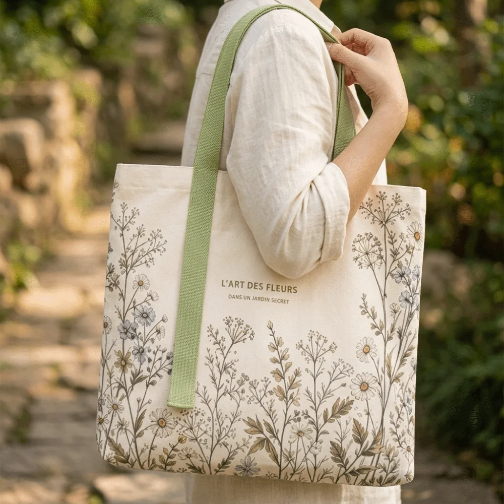 New Cotton Canvas Canvas Tote Bag Green Daisy Print Durable Shoulder Handbag Lightweight Travel Bag Everyday Errands