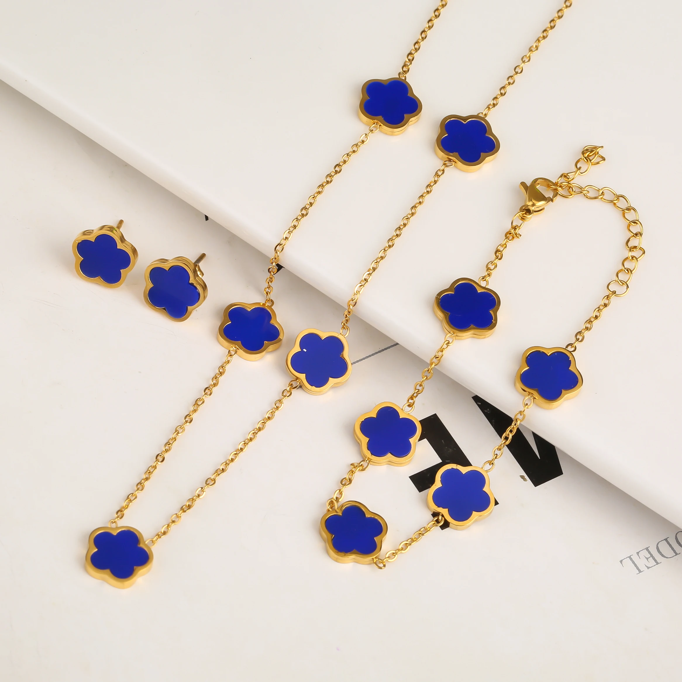 Plum Blossom Set Plant Five Leaf Flower Hot Selling Necklace Earrings Bracelet Stainless Steel 316L Waterproof Women's Clover
