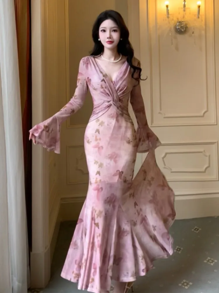 Elegante vestido largo de manga acampanada de sirena para mujer, Vintage, Sexy, ceñido al cuerpo, estampado rosa, bata de noche para Club, primavera y verano