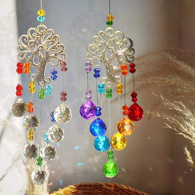 

Colorful Crystal Sun Catchers Prisms Window Wind Chime Chain Hanging Pendant Decoration Tree Shape Home Garden Decor 풍령