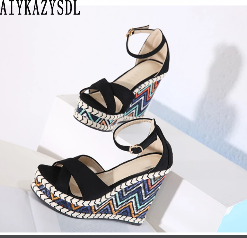 AIYKAZYSDL Cross Strap Gladiator Sandals Spliced Flat Platform Wedge High Heel Boho Bohemia Shoes Thick Sole Bottom Ethic Shoes