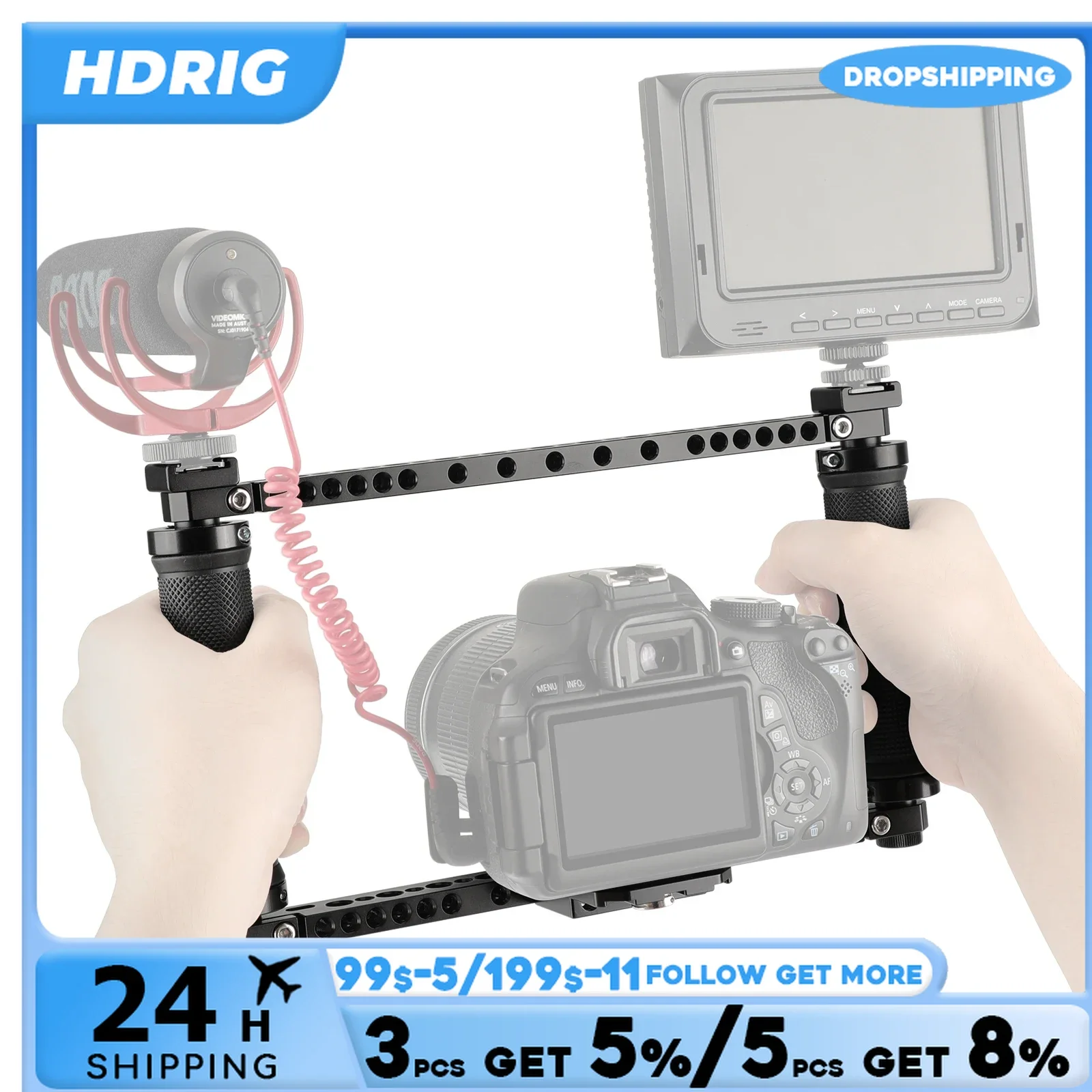 HDRIG Universal Dslr Camera Cage Handheld Full-Frame Cage Rubber Handle With 2 Cold Hot Shoe Adapter For Sony Canon Sony Cameras