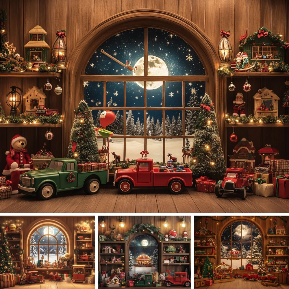 Xmas Wooden Window Photography Backdrop Night Full Moon Snow Pine Mini Truck Decor Gift Kids Holiday Photo Booth Background