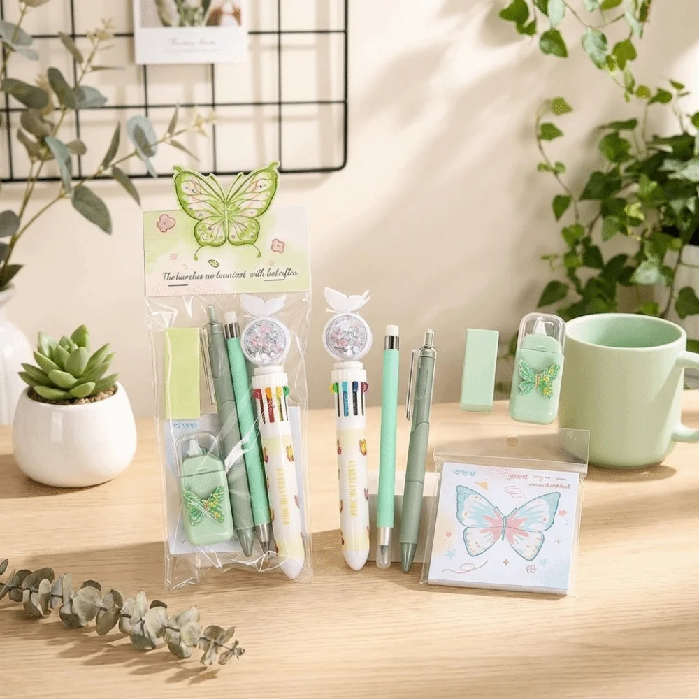Retractable Gel Pens Butterfly Stationery Set Everlasting Pencil Sticky Notes School Supplies Kit Multi-Style Correction Tape