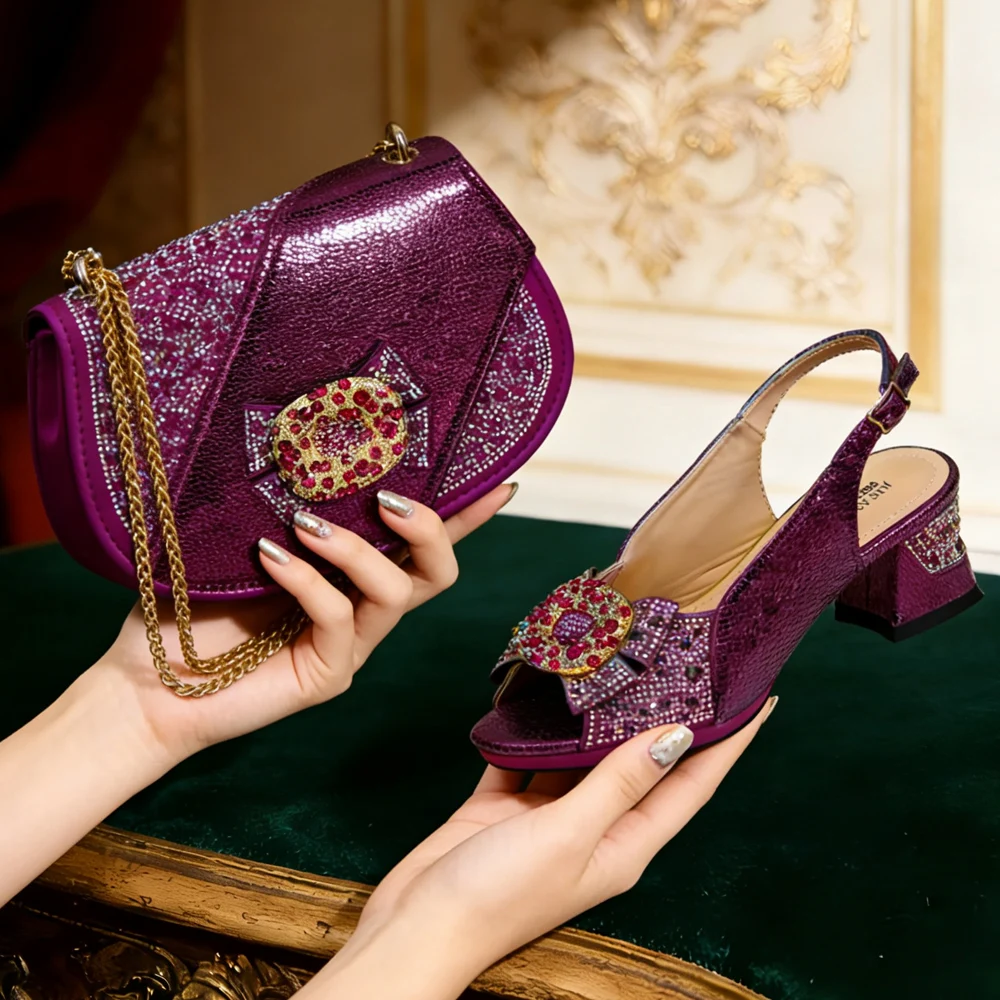 

Venus Chan 2026 Elegant Purple Rhinestone Peep Toe High Heels for Women - Italian Design Sandals with Matching Handbag Set