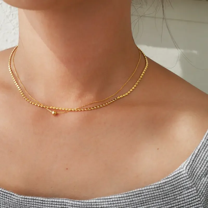 S925 Sterling Silver Double Layer Wafer Beads Choker Necklace Korea Fashion Clavicle Chain for Women Party Wedding Fine Jewelry