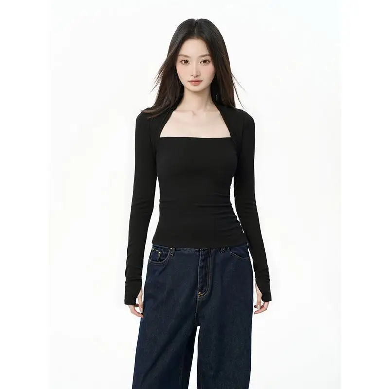 Black Square Collar Long Sleeve T-Shirt Women's Slim Fit Inner Wear Base Layer Spicy Modal Cotton Top Autumn Winter New Arrival