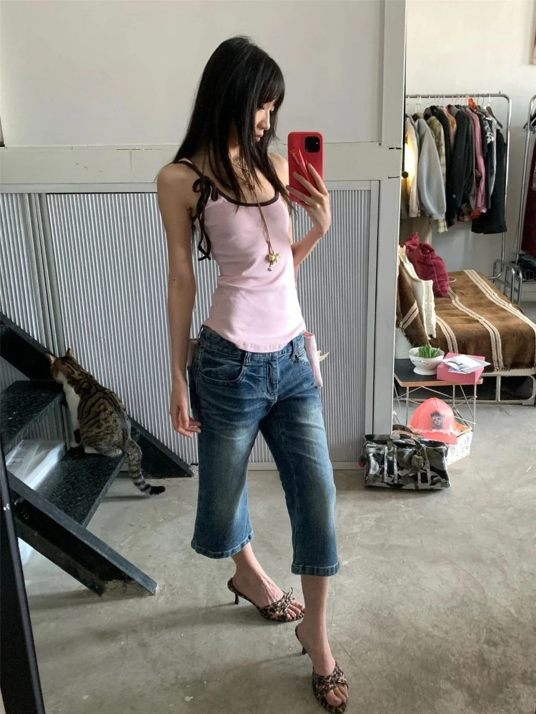 American Vintage Blue Low Waist Hot Girl Jeans Calf-Length Y2k Retro Bodycon Women Streetwear Capri Denim Pants Casual 2026