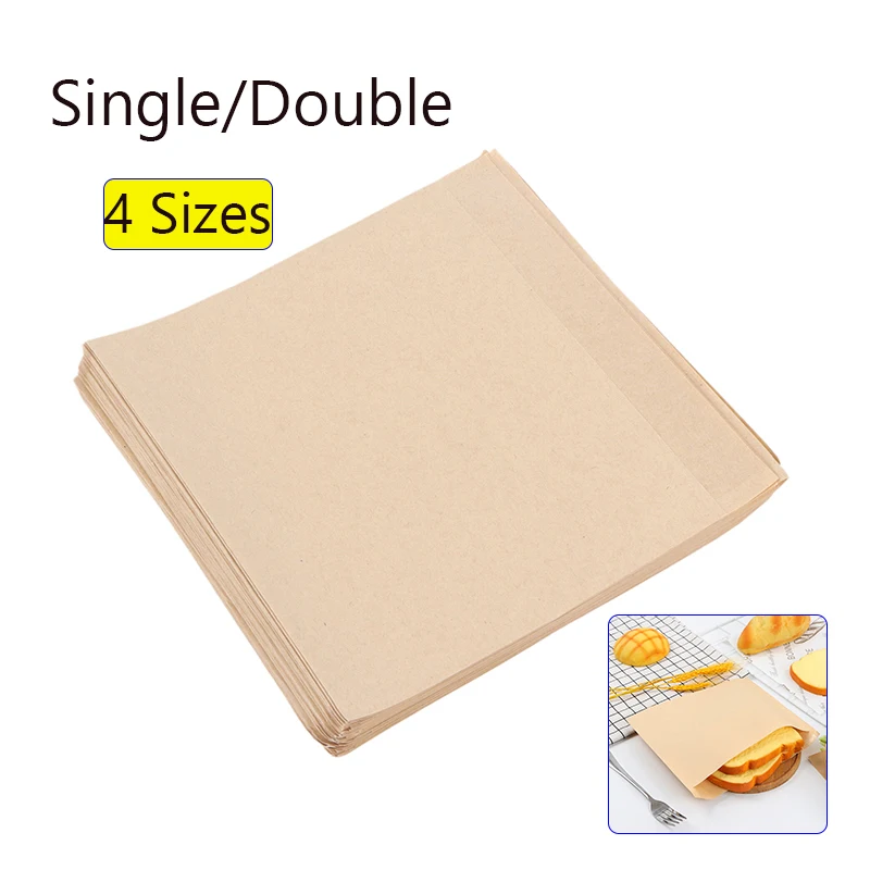 100Pcs Single/Double Opening Grease Resistant Paper Treat Bags Flat Greaseproof Brown For Cookie Snack Sandwich Popcorn