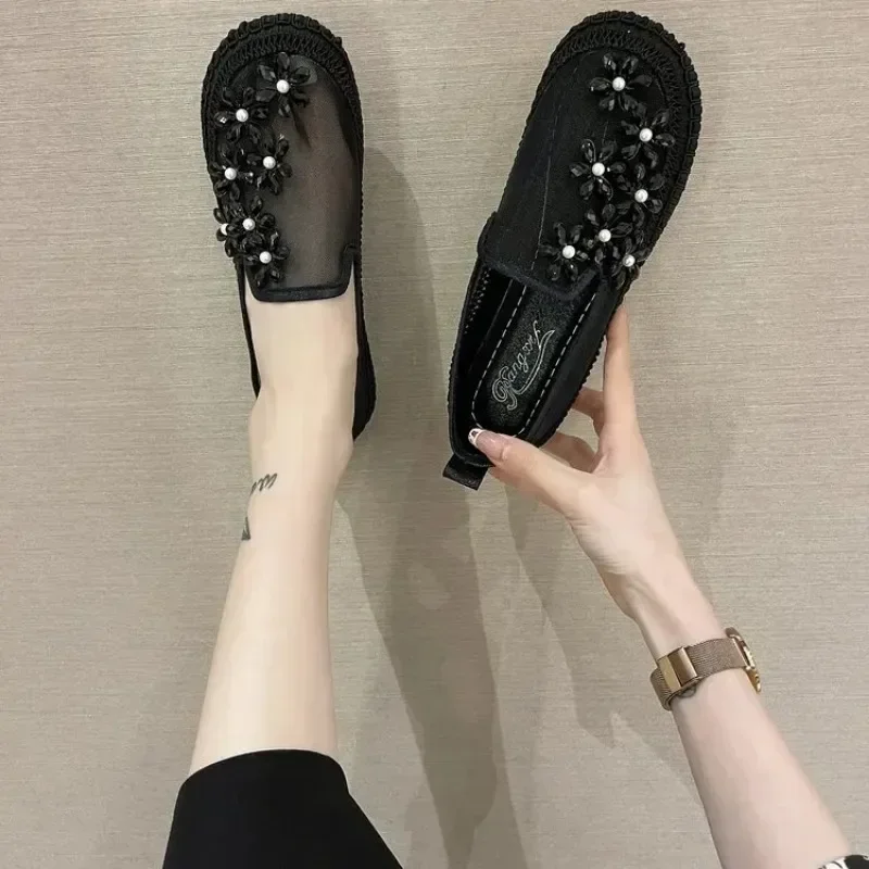 Summer Womens Casual Flat 2024 Rhinestones Flats Ladies Single Shoes Air Mesh Round Toe Loafers Female EU Size 35-40 PW135